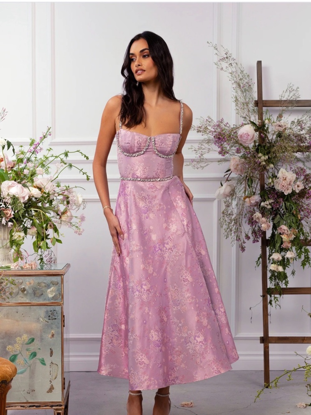 V. Chapman Lilac Floral Midi Dress with Beaded Accents